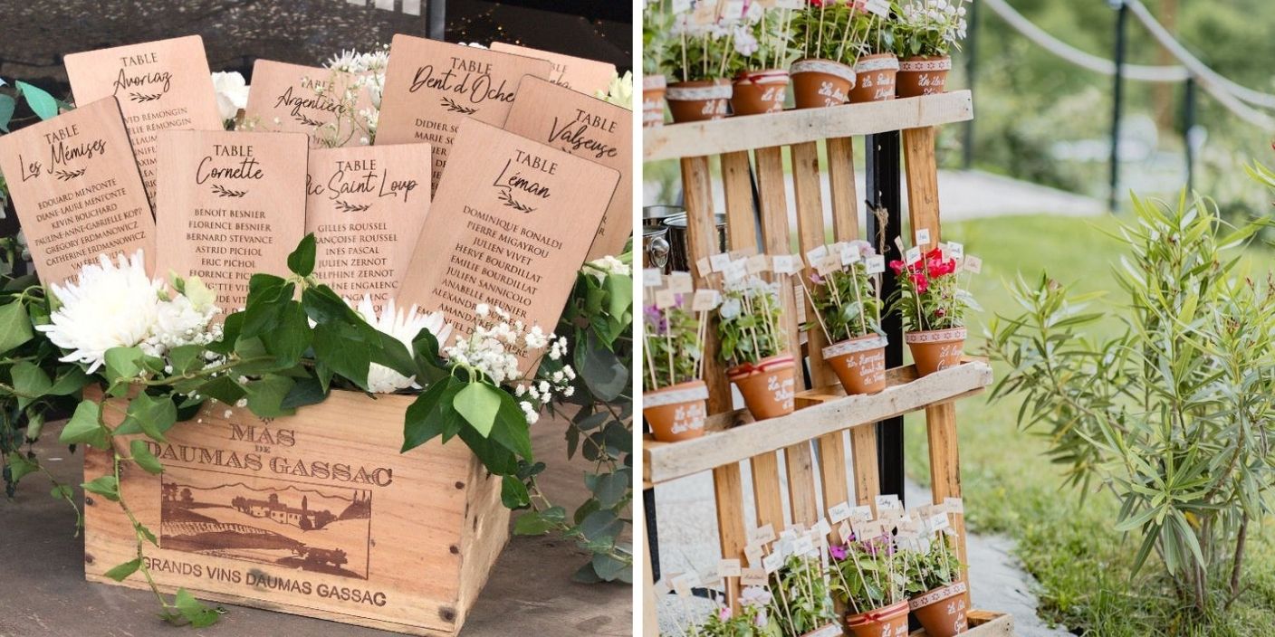 Plan de table rustique pour mariage avec cartes en bois et pots de fleurs personnalisés